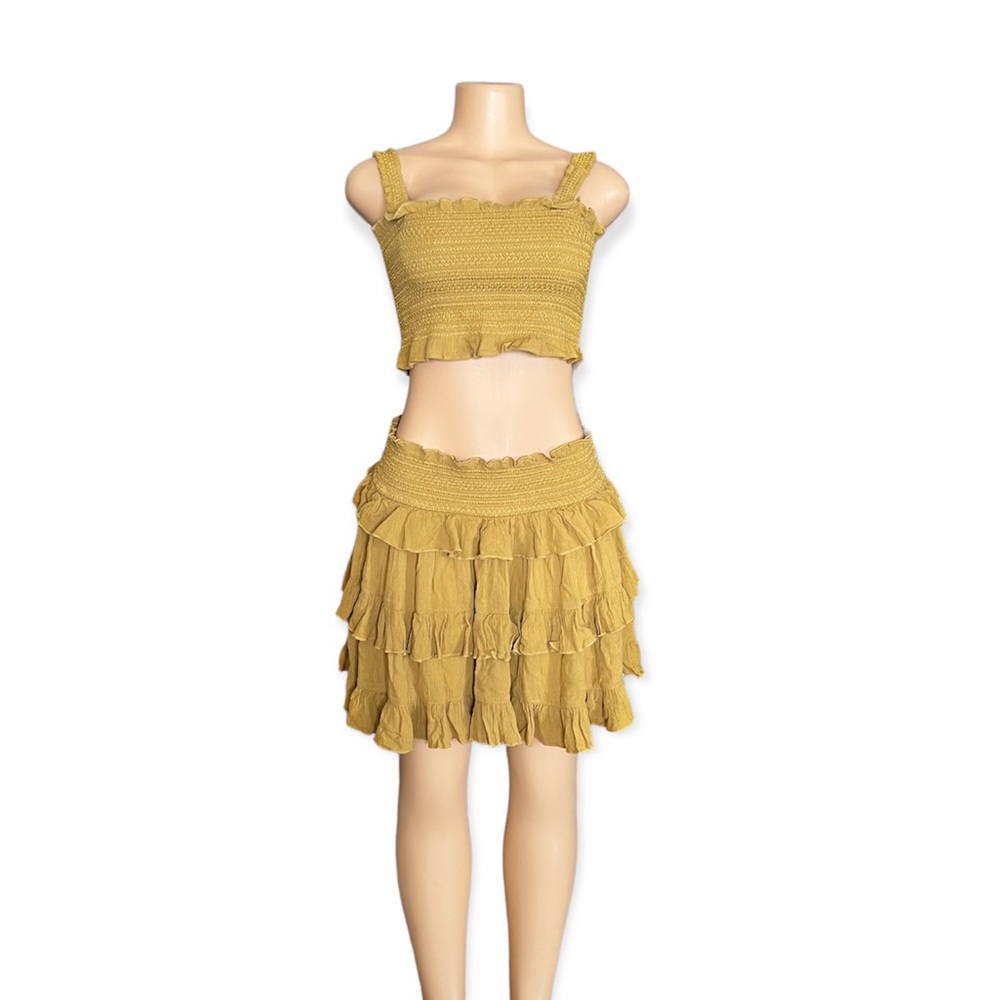 Free People Mustard Yellow “Thalia” Crop Top & Skirt Set size M